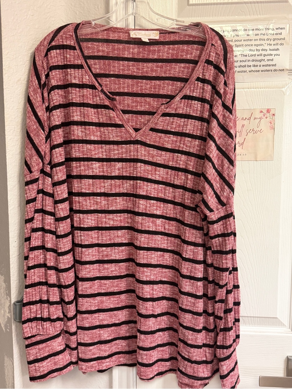 Suzanne Betro Pink and Black Striped V-Neck Long Sleeve Top